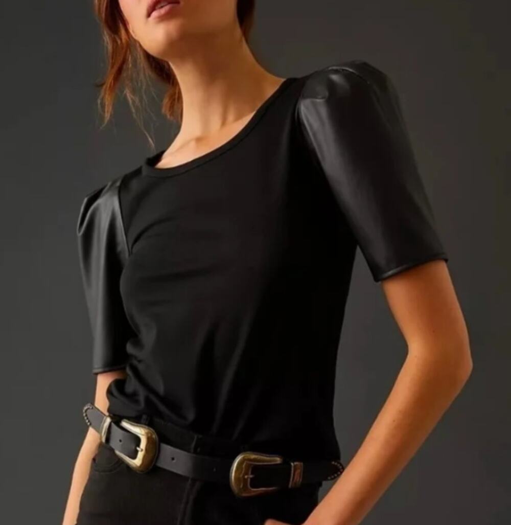 Anthropologie Faux Leather Puff Sleeve Mixed Media Vegan Top Black Size Small